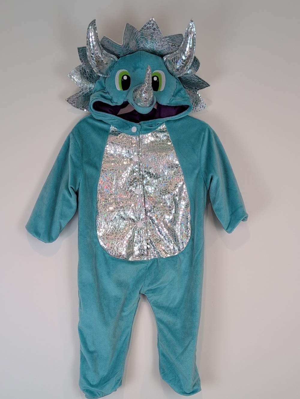 Halloween Costume Blue Green Dinosaur Plush with Shiny Silver Accents